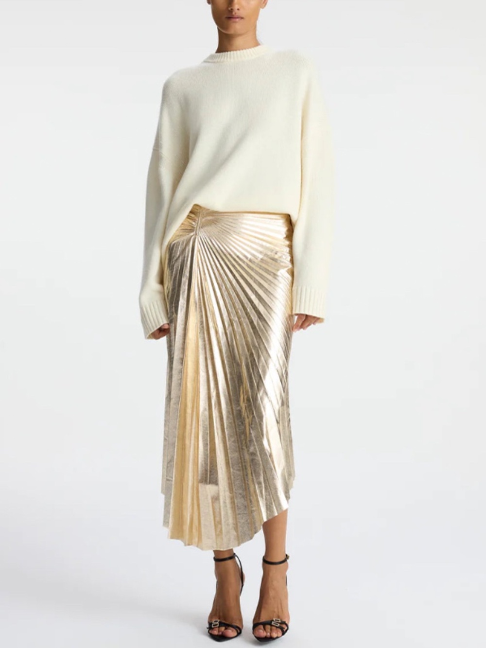 A.L.C. Metallic Gold Pleated Asymmetrical Midi Skirt Size 2